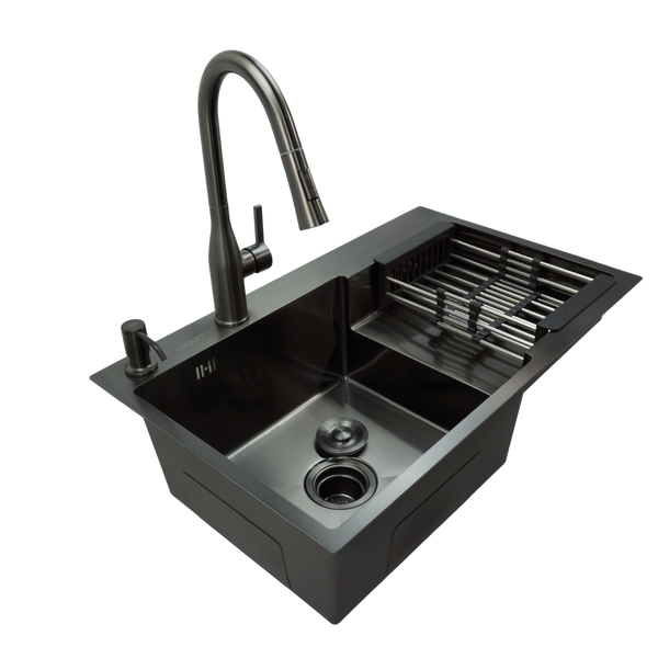 Комплект кухонної мийки Kraft NANO BLACK Handmade PVD-Графіт&nbsp;HM&nbsp;- 7848ALB&nbsp;(3.0/1.0 мм) K30256 фото