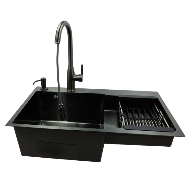 Комплект кухонної мийки Kraft NANO BLACK Handmade PVD-Графіт&nbsp;HM&nbsp;- 7848ALB&nbsp;(3.0/1.0 мм) K30256 фото