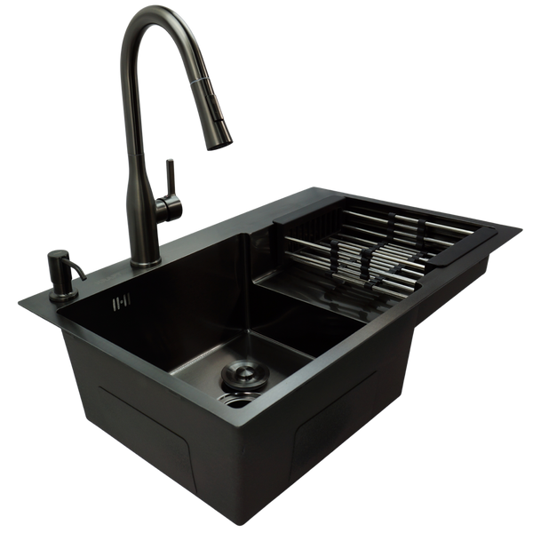 Комплект кухонної мийки Kraft NANO BLACK Handmade PVD-Графіт&nbsp;HM&nbsp;- 7848ALB&nbsp;(3.0/1.0 мм) K30256 фото