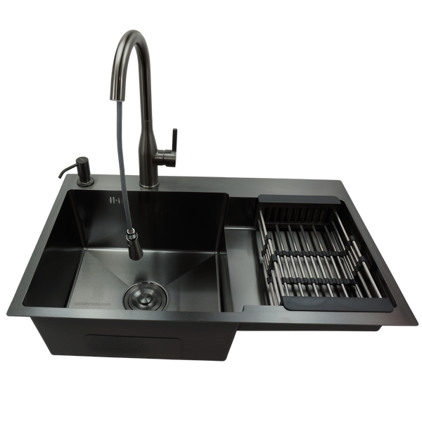 Комплект кухонної мийки Kraft NANO BLACK Handmade PVD-Графіт&nbsp;HM&nbsp;- 7848ALB&nbsp;(3.0/1.0 мм) K30256 фото