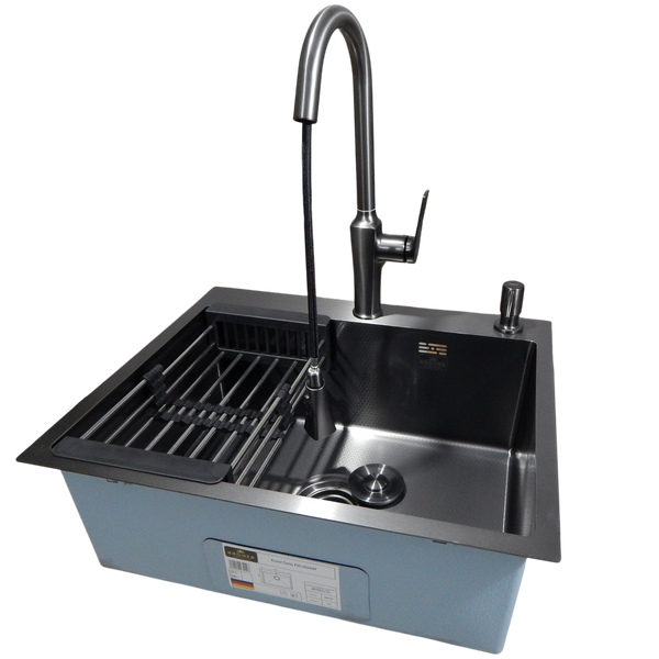 Комплект кухонної мийки Kraft NANO BLACK - 60х50HM PVD (3.0/1.0 мм) DEKOR K3705 фото