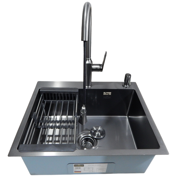 Комплект кухонної мийки Kraft NANO BLACK - 60х50HM PVD (3.0/1.0 мм) DEKOR K3705 фото