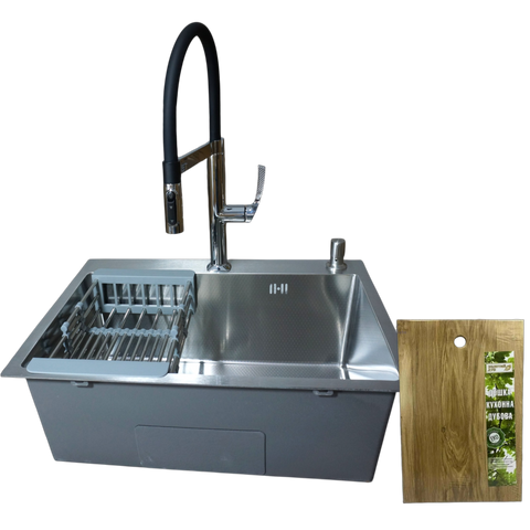 Комплект кухонної мийки Kraft KRF 6045 DECOR (3.0/1.0 мм)+Змішувач для кухні Kroner KRP Kuche - C03816BLK (хром) K5678 фото