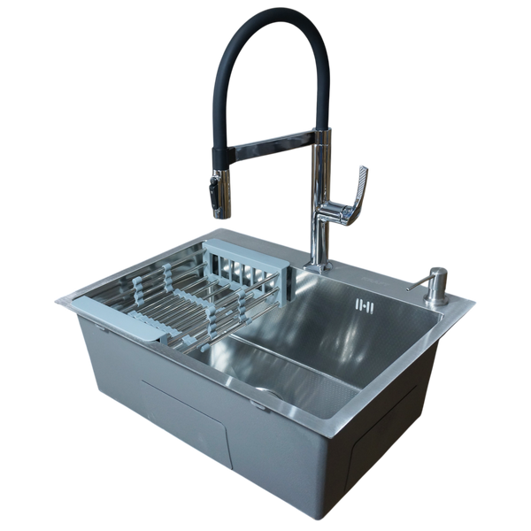 Комплект кухонної мийки Kraft KRF 6045 DECOR (3.0/1.0 мм)+Змішувач для кухні Kroner KRP Kuche - C03816BLK (хром) K5678 фото