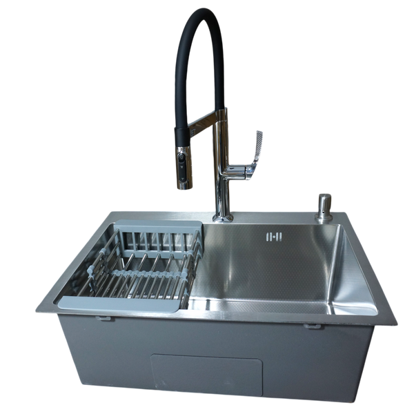 Комплект кухонної мийки Kraft KRF 6045 DECOR (3.0/1.0 мм)+Змішувач для кухні Kroner KRP Kuche - C03816BLK (хром) K5678 фото