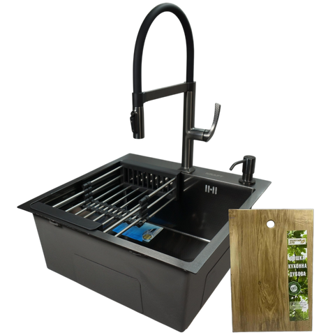 Комплект кухонної мийки Kraft NANO BLACK PVD HS 50х50 (3.0/1.0 мм)+Змішувач для кухні з підключенням до фільтра Kroner KRP Axis Line - GRP039569 K93101 фото