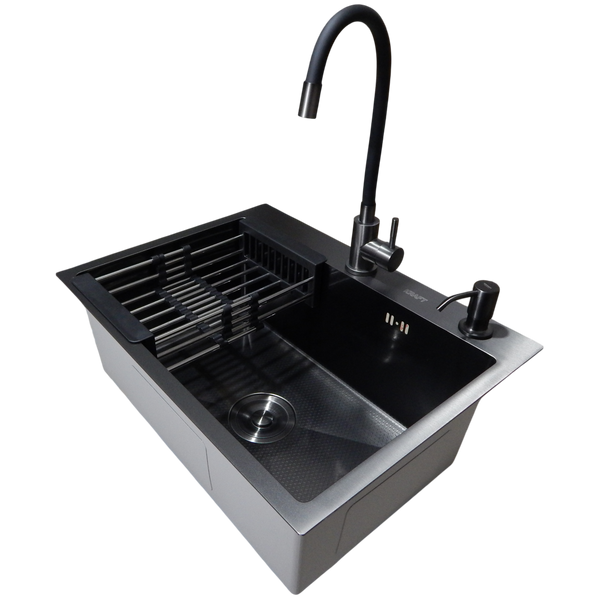 Комплект кухонной мойки Kraft NANO BLACK PVD HS60*45 (3.0/1.0 мм) декор SM10540 фото