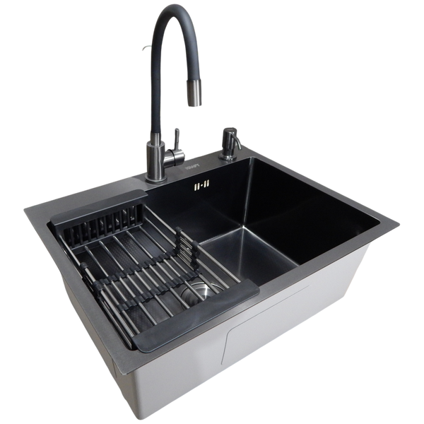 Комплект кухонной мойки Kraft NANO BLACK PVD HS60*45 (3.0/1.0 мм) декор SM10540 фото