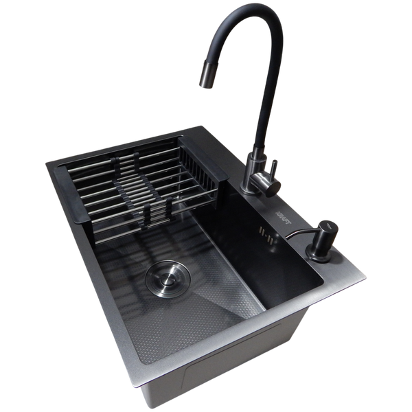 Комплект кухонной мойки Kraft NANO BLACK PVD HS60*45 (3.0/1.0 мм) декор SM10540 фото