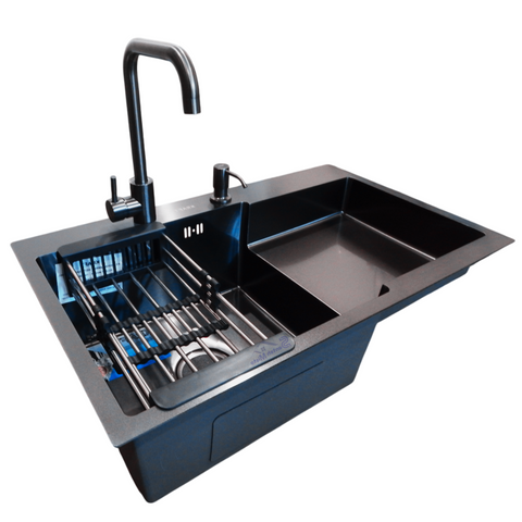 Комплект кухонної мийки Kraft HM NANO BLACK - 7848LHM PVD (3.0/1.0 мм) K3213 фото