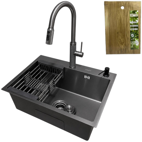 Комплект кухонної мийки Kraft NANO BLACK PVD Декор HS 54*48 (3.0/1.0 мм)+Змішувач для кухні з висувним шлангом K9381 фото