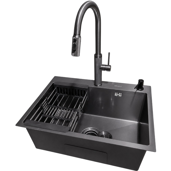 Комплект кухонної мийки Kraft NANO BLACK PVD Декор HS 54*48 (3.0/1.0 мм)+Змішувач для кухні з висувним шлангом K9381 фото