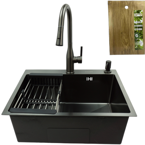 Комплект кухонной мойки Kraft NANO BLACK PVD HS 540х480 (3.0/1.0 мм) декор K221307 фото
