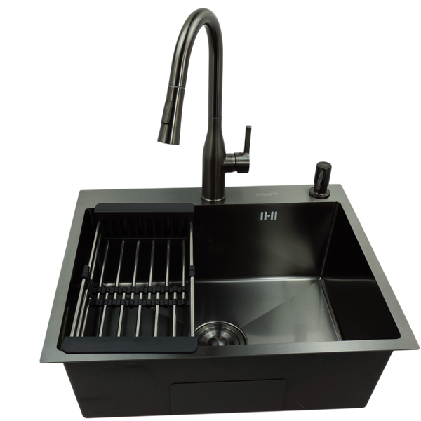 Комплект кухонной мойки Kraft NANO BLACK PVD HS 540х480 (3.0/1.0 мм) декор K221307 фото