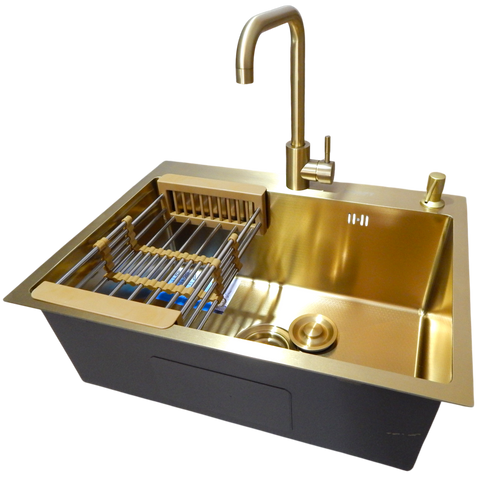 Комплект кухонной мойки Kraft NANO GOLD PVD HS60*45 (3.0/1.0 мм) декор SM30155 фото