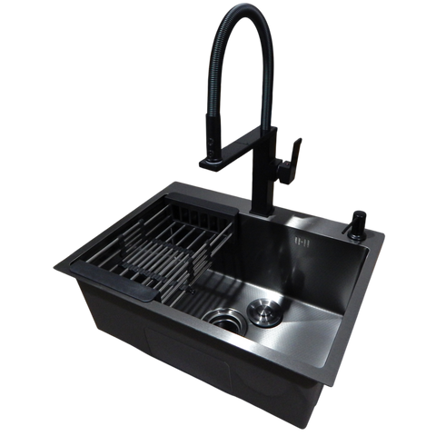 Комплект кухонной мойки Kraft NANO BLACK PVD HS60*45 (3.0/1.0 мм) декор K3143 фото