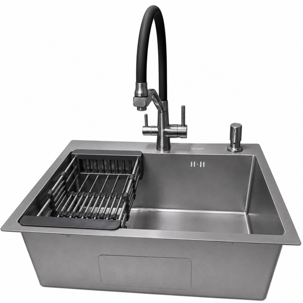 Комплект кухонной мойки Kraft NANO BLACK PVD HS54*48 (3.0/1.0 мм) декор SM2509 фото