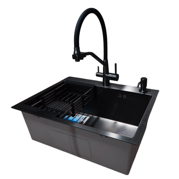 Комплект кухонной мойки Kraft NANO BLACK PVD HS54*48 (3.0/1.0 мм) декор SM2509 фото