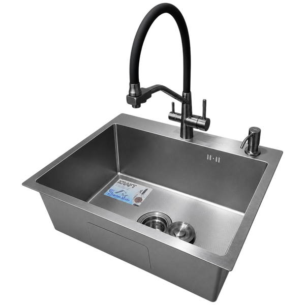 Комплект кухонной мойки Kraft NANO BLACK PVD HS54*48 (3.0/1.0 мм) декор SM2509 фото