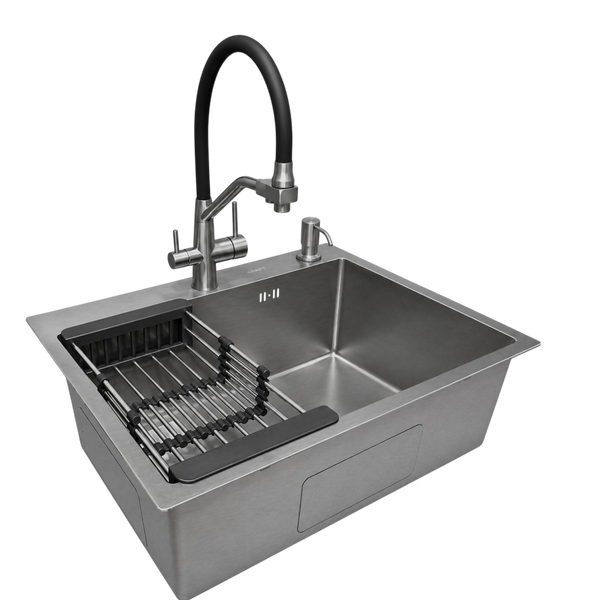 Комплект кухонной мойки Kraft NANO BLACK PVD HS54*48 (3.0/1.0 мм) декор SM2509 фото