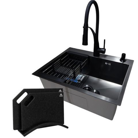 Комплект кухонной мойки Kraft NANO BLACK PVD HS60*45 (3.0/1.0 мм) декор SM10280 фото