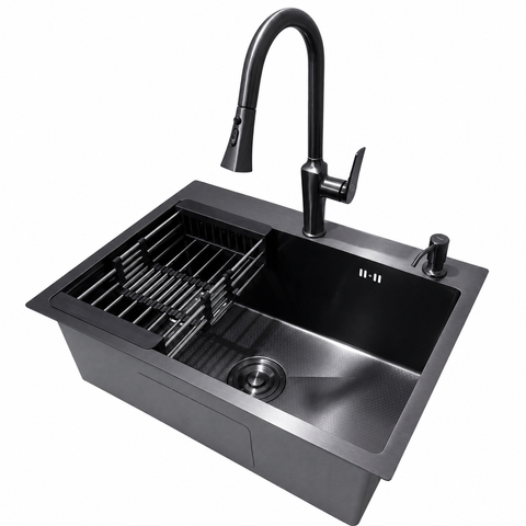 Комплект кухонной мойки Kraft NANO BLACK PVD HS60*45 (3.0/1.0 мм) декор SM2702 фото