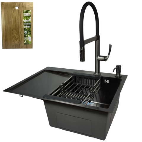 Комплект кухонної мийки Kraft NANO BLACK PVD HS 65х48 (3.0/1.0 мм)+Змішувач для кухні з підключенням до фільтра Kroner KRP Axis Line - GRP039569 K4032 фото