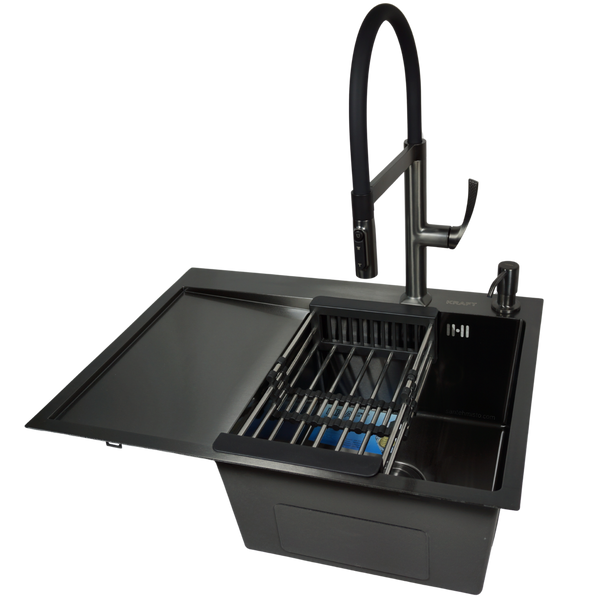 Комплект кухонної мийки Kraft NANO BLACK PVD HS 65х48 (3.0/1.0 мм)+Змішувач для кухні з підключенням до фільтра Kroner KRP Axis Line - GRP039569 K4032 фото