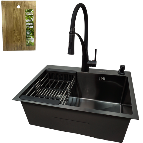 Комплект кухонної мийки Kraft NANO BLACK PVD HS60*45 (3.0/1.0 мм)+Змішувач для кухні Kroner KRP Ersel - SCH03393BLK K88204 фото
