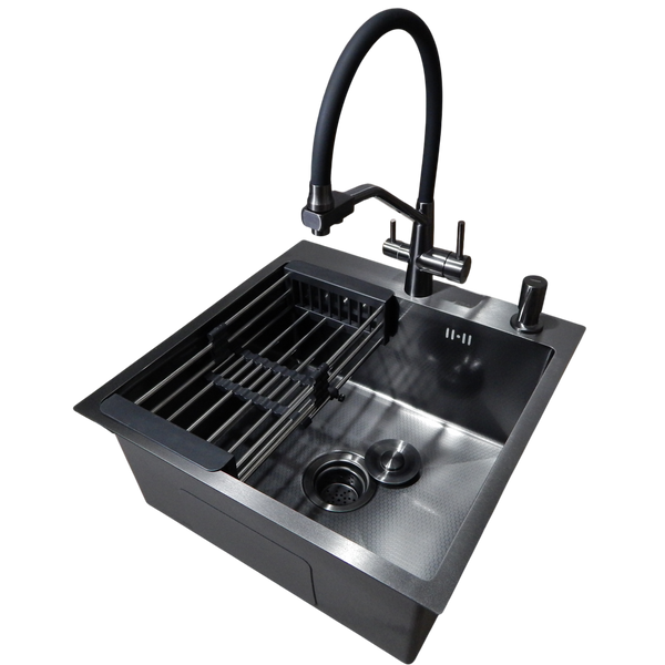 Комплект кухонної мийки Kraft HM 50х50 NANO BLACK PVD (3.0/1.0 мм) DEKOR SM1315 фото