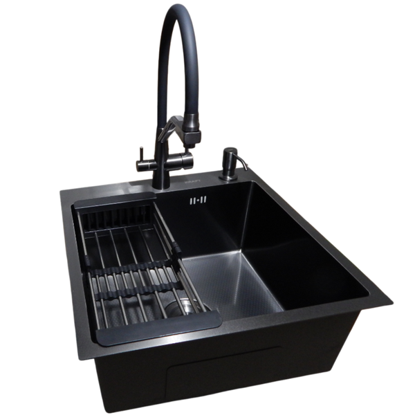 Комплект кухонної мийки Kraft HM 50х50 NANO BLACK PVD (3.0/1.0 мм) DEKOR SM1315 фото