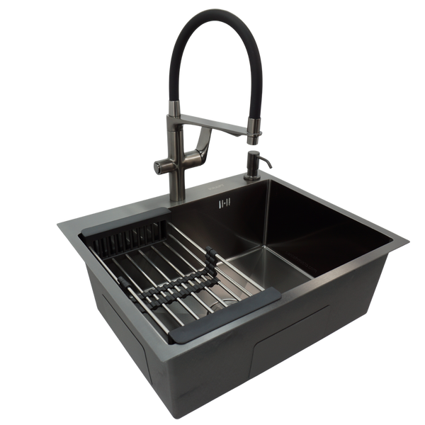 Комплект кухонної мийки Kraft NANO BLACK PVD Decor HS60*50 (3.0/1.0 мм)+Змішувач для кухні Kroner KRP Graz - GRP03815 K30822 фото