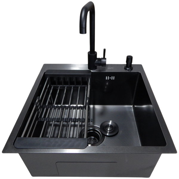 Комплект кухонної мийки Kraft HM 50х50 NANO BLACK PVD (3.0/1.0 мм) декор SM6430 фото