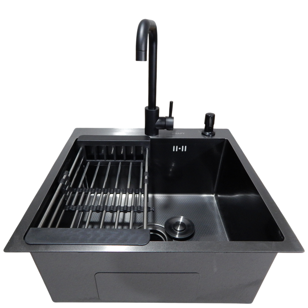 Комплект кухонної мийки Kraft HM 50х50 NANO BLACK PVD (3.0/1.0 мм) декор SM6430 фото