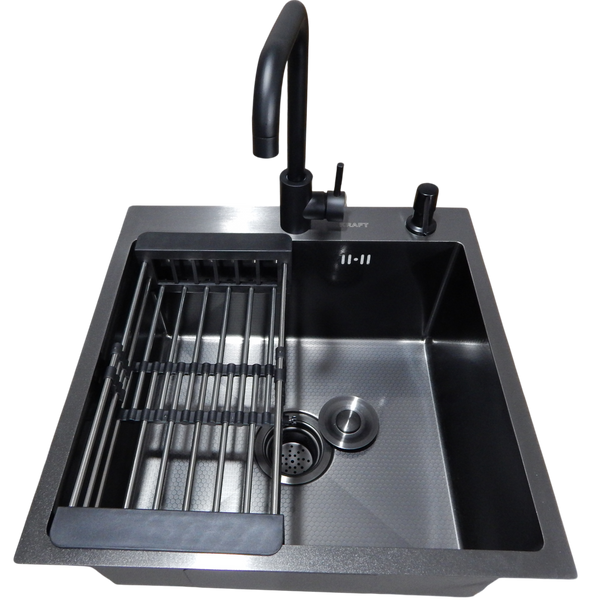 Комплект кухонної мийки Kraft HM 50х50 NANO BLACK PVD (3.0/1.0 мм) декор SM6430 фото