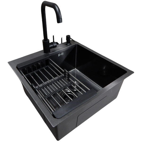 Комплект кухонної мийки Kraft HM 50х50 NANO BLACK PVD (3.0/1.0 мм) декор SM6430 фото