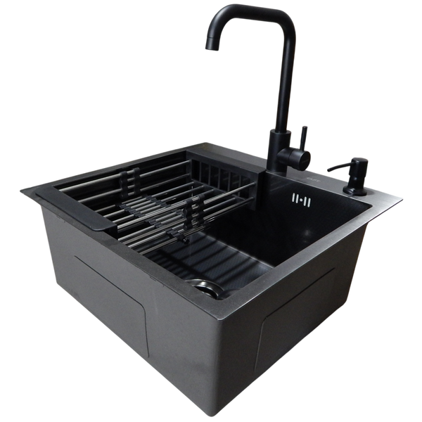 Комплект кухонної мийки Kraft HM 50х50 NANO BLACK PVD (3.0/1.0 мм) декор SM6430 фото