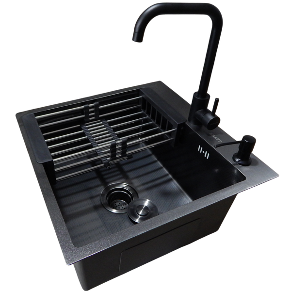 Комплект кухонної мийки Kraft HM 50х50 NANO BLACK PVD (3.0/1.0 мм) декор SM6430 фото