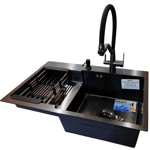 Комплект кухонної мийки Kraft HM&nbsp;NANO BLACK - 7848ALB&nbsp;PVD&nbsp;(3.0/1.0 мм) SM146 фото